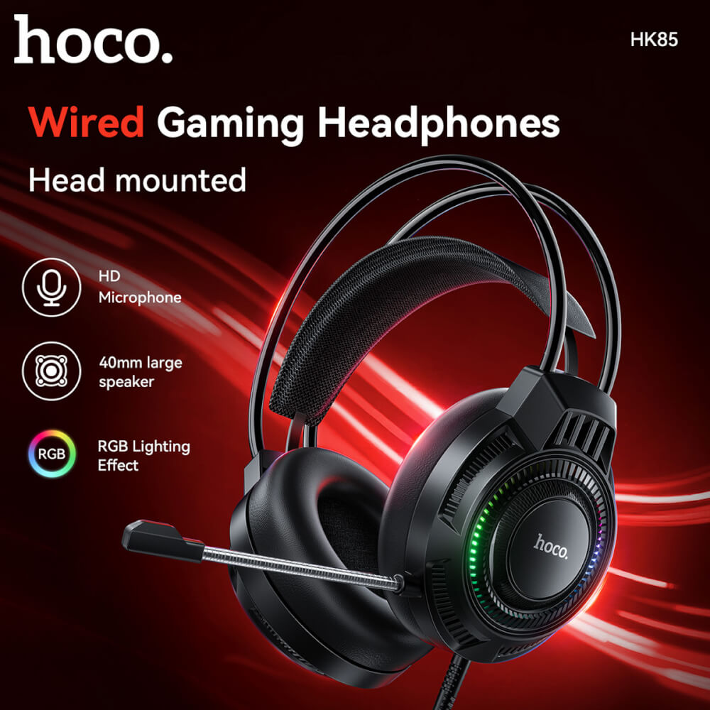 หูฟังเกมมิ่ง HOCO HK85 ดอกลำโพง 40MM ไมโครโฟน HD ถอดออกได้ แต่งไฟ RGB สายแจ็ค USB ยาว 2 เมตร